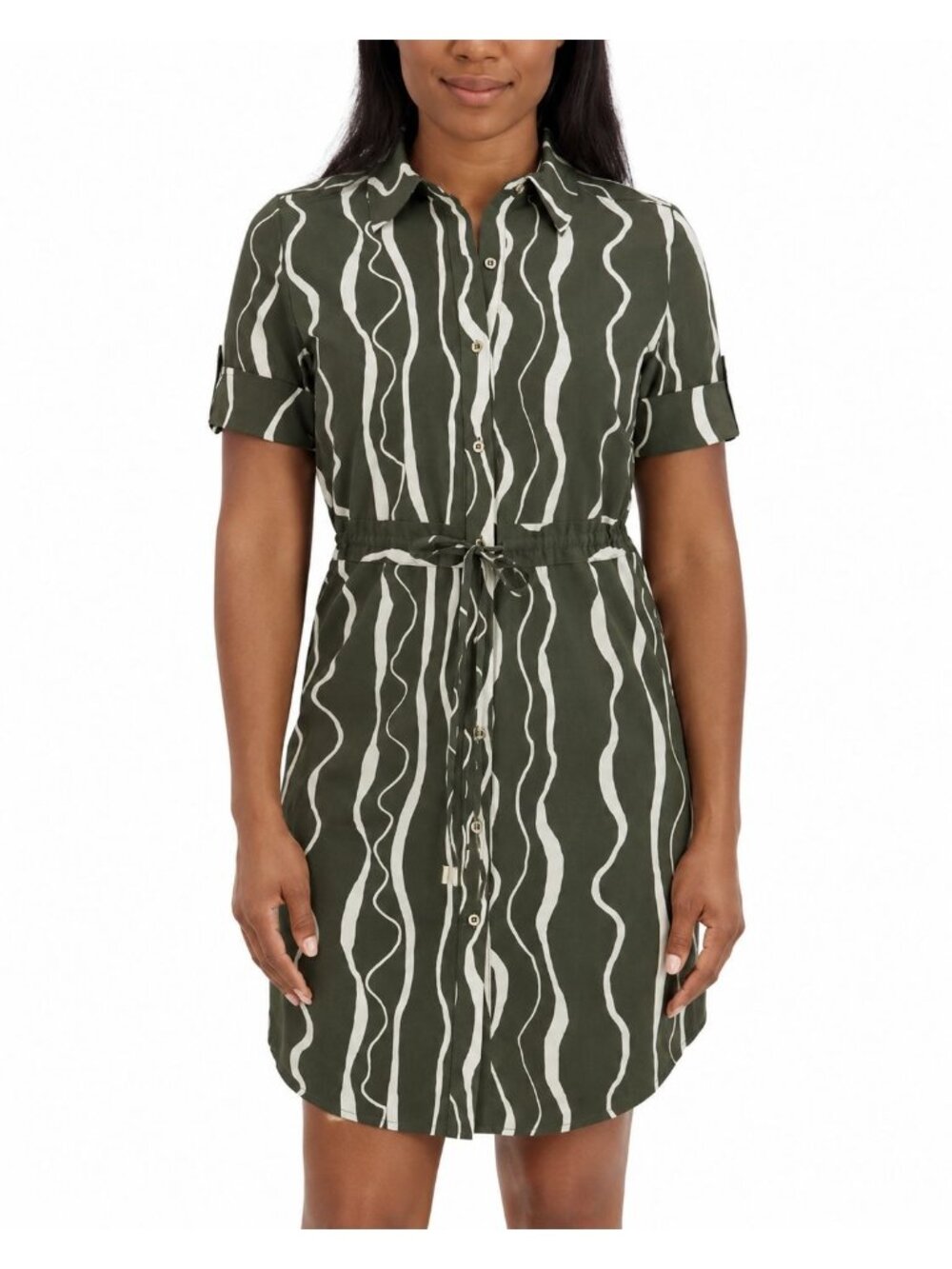 Halston Womens Green Zebra Print Shirt Dress Size M Button Front